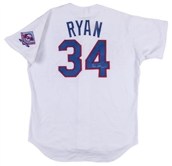 1993 Nolan Ryan Career Win #323 Game Used & Signed/Inscribed Texas Rangers #34 Home Jersey Used on 8/10/93 - Second to Last Career Win (Ryan COA, Rangers COA, JSA, & PSA/DNA) 